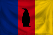 Flag of Laywenrania, to the left a blue stripe, followed by a red and yellow one. In the middle a black stylised penguin shape.